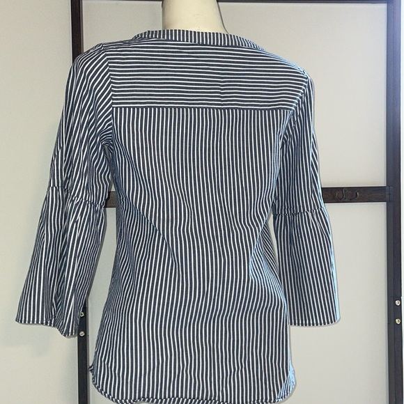 Blue and white pinstriped VNeck Tunic  with Flared Sleeves . - Picture 2 of 5